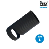 Черная открытая насадка на пенис с кольцом для мошонки L-size - 8,5 см. - Sex Expert - в Электростали купить с доставкой