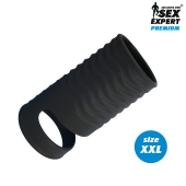 Черная открытая насадка на пенис с кольцом для мошонки XXL-size - 9,4 см. - Sex Expert - в Электростали купить с доставкой