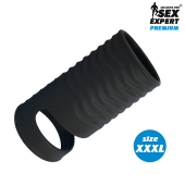 Черная открытая насадка на пенис с кольцом для мошонки XXXL-size - 9,9 см. - Sex Expert - в Электростали купить с доставкой