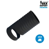 Черная открытая насадка на пенис с кольцом для мошонки size M - 7,9 см. - Sex Expert - в Электростали купить с доставкой