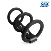 Черное тройное эрекционное кольцо с ремешком - Sex Expert - в Электростали купить с доставкой