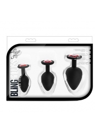 Набор черных анальных пробок с красным кристаллом-сердечком Bling Plugs Training Kit - Blush Novelties - купить с доставкой в Электростали