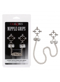 Металлические зажимы для сосков на цепочке Nipple Grips 4-Point Nipple Press with Bells - California Exotic Novelties - купить с доставкой в Электростали