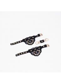 Черные кожаные наручники с клепками, кольцами и золотистой фурнитурой - Crazy Handmade - купить с доставкой в Электростали