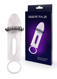 Закрытая насадка на пенис с подхватом мошонки и стимулирующими «ресничками» - Sextaz - в Электростали купить с доставкой