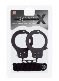 Чёрные наручники из листового металла в комплекте с веревкой BONDX METAL CUFFS LOVE ROPE SET - Dream Toys - купить с доставкой в Электростали