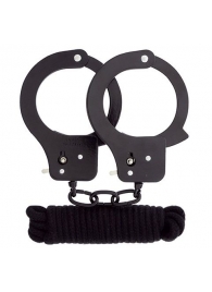 Чёрные наручники из листового металла в комплекте с веревкой BONDX METAL CUFFS LOVE ROPE SET - Dream Toys - купить с доставкой в Электростали