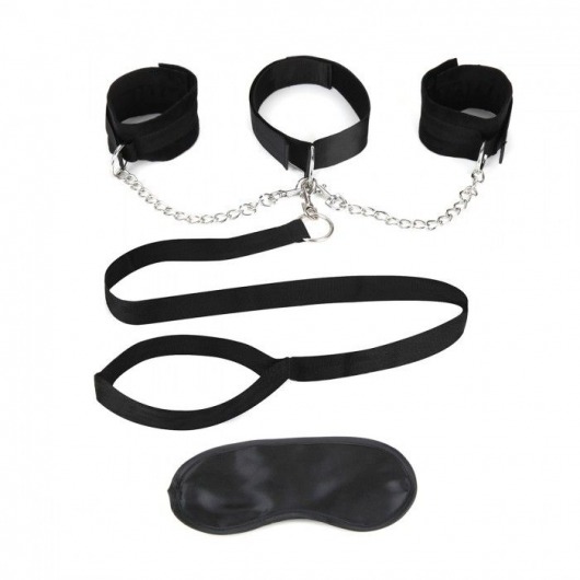 Чёрный ошейник с наручниками и поводком Collar Cuffs   Leash Set - Lux Fetish - купить с доставкой в Электростали