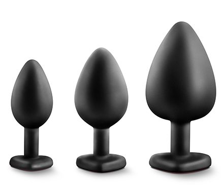 Набор черных анальных пробок с красным кристаллом-сердечком Bling Plugs Training Kit - Blush Novelties - купить с доставкой в Электростали