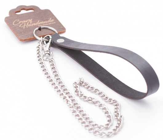 Серебристый металлический поводок с кожаной черной ручкой - 80 см. - Crazy Handmade - купить с доставкой в Электростали