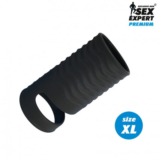 Черная открытая насадка на пенис с кольцом для мошонки XL-size - 8,9 см. - Sex Expert - в Электростали купить с доставкой