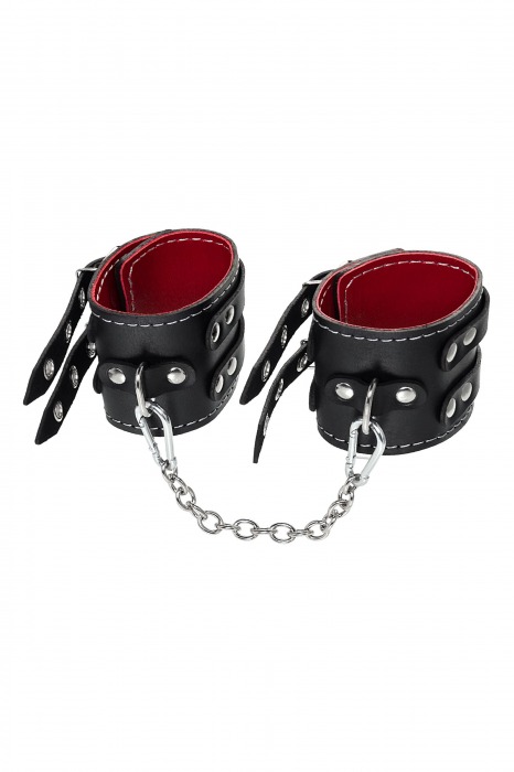Черные кожаные оковы с двумя ремнями и красной подкладкой - Pecado - купить с доставкой в Электростали