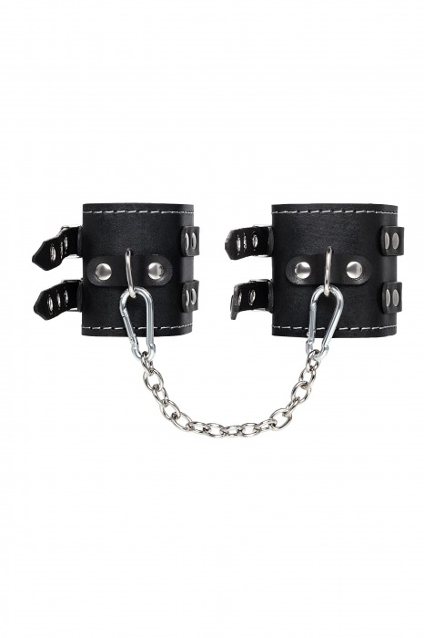 Черные кожаные оковы с двумя ремнями и красной подкладкой - Pecado - купить с доставкой в Электростали