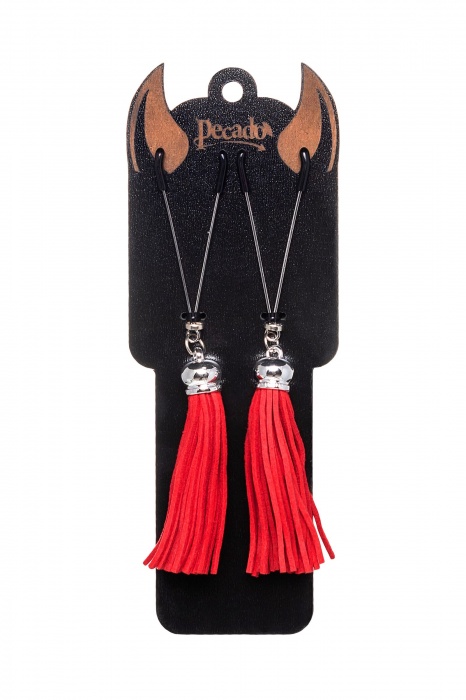 Зажимы на соски «Вилки» с красными кисточками из замши - Pecado - купить с доставкой в Электростали