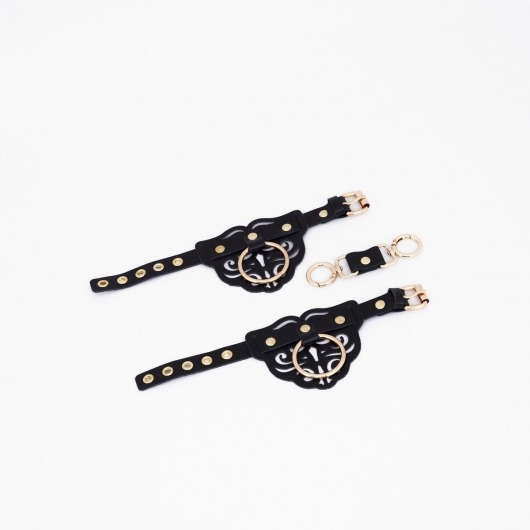 Черные кожаные наручники с клепками, кольцами и золотистой фурнитурой - Crazy Handmade - купить с доставкой в Электростали