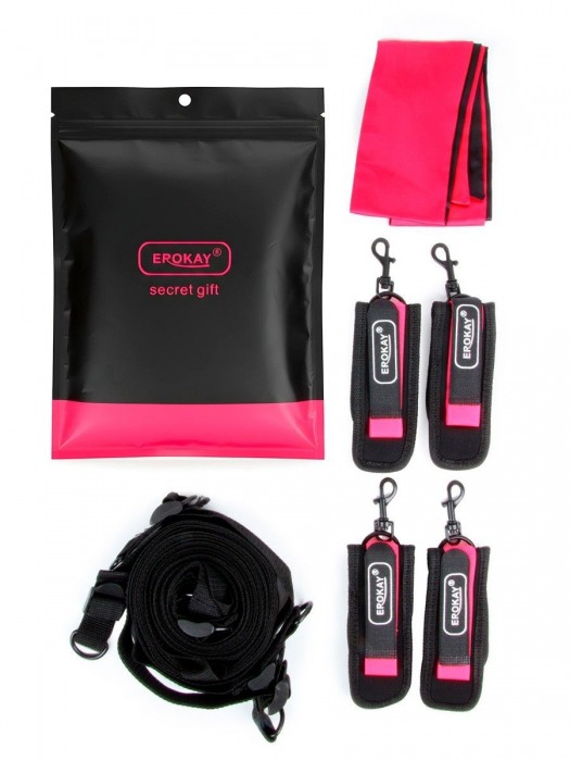 Черно-розовый эротический набор: фиксатор, оковы, наручники, повязка - Erokay - купить с доставкой в Электростали