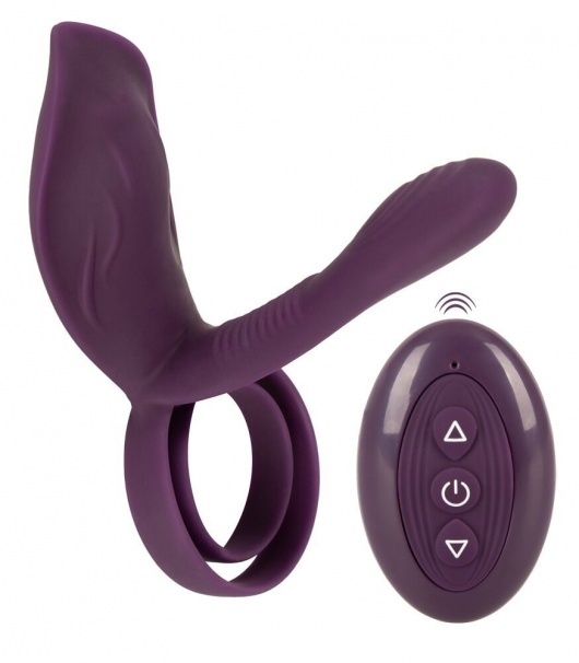 Фиолетовая насадка на член с клиторальным отростком и пультом ДУ RC Couple’s Vibrator 2 - Orion - в Электростали купить с доставкой